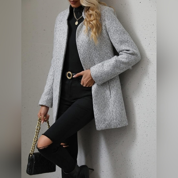 New Classic Herringbone Tweed Open Front Blazer Jacket White Gray - Picture 2 of 7